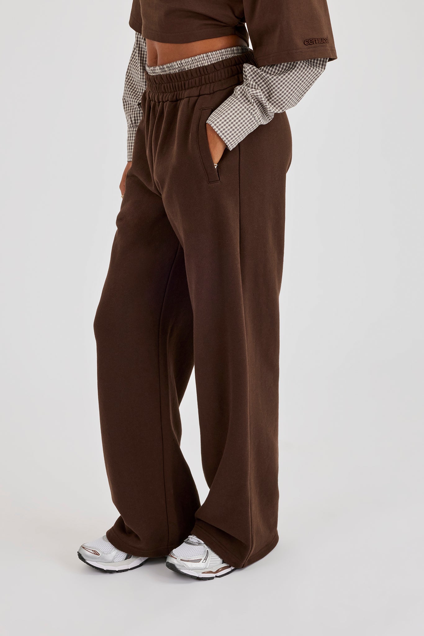 Faux Check Waistband Wide Leg Jogger - Chocolate