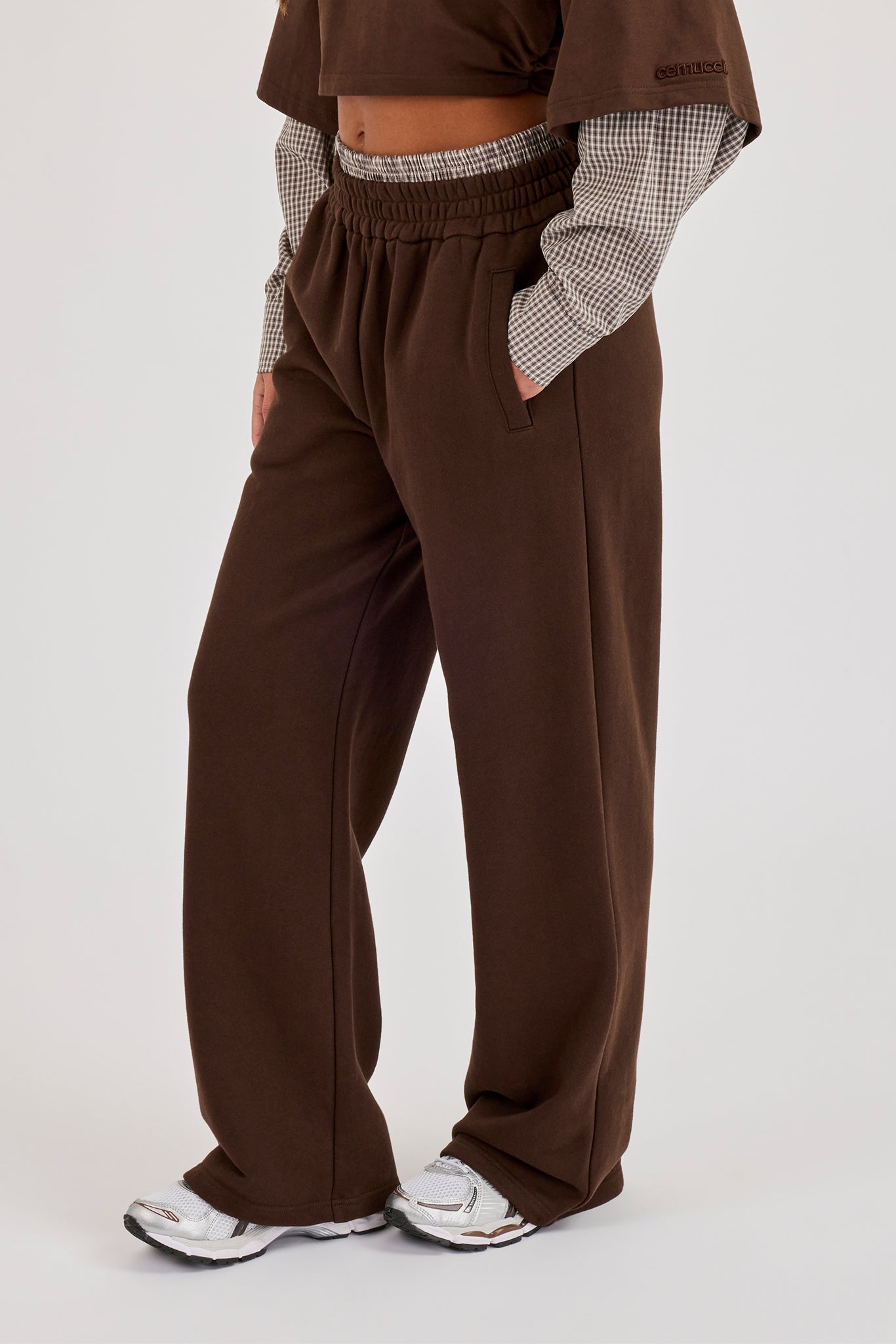 Faux Check Waistband Wide Leg Jogger - Chocolate