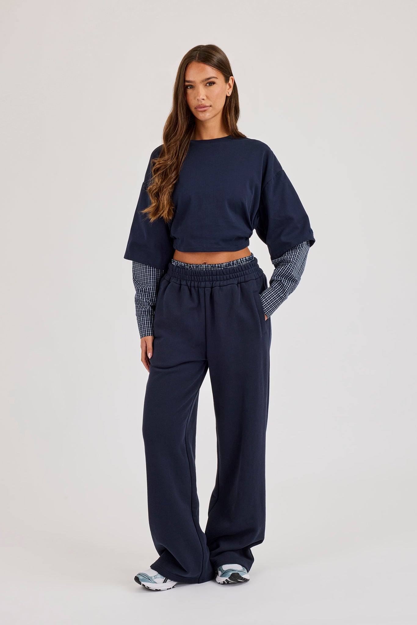 Faux Check Waistband Wide Leg Jogger - Navy Blue
