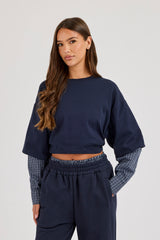 Cropped Oversized T-Shirt With Layered Shirt - Navy Blue