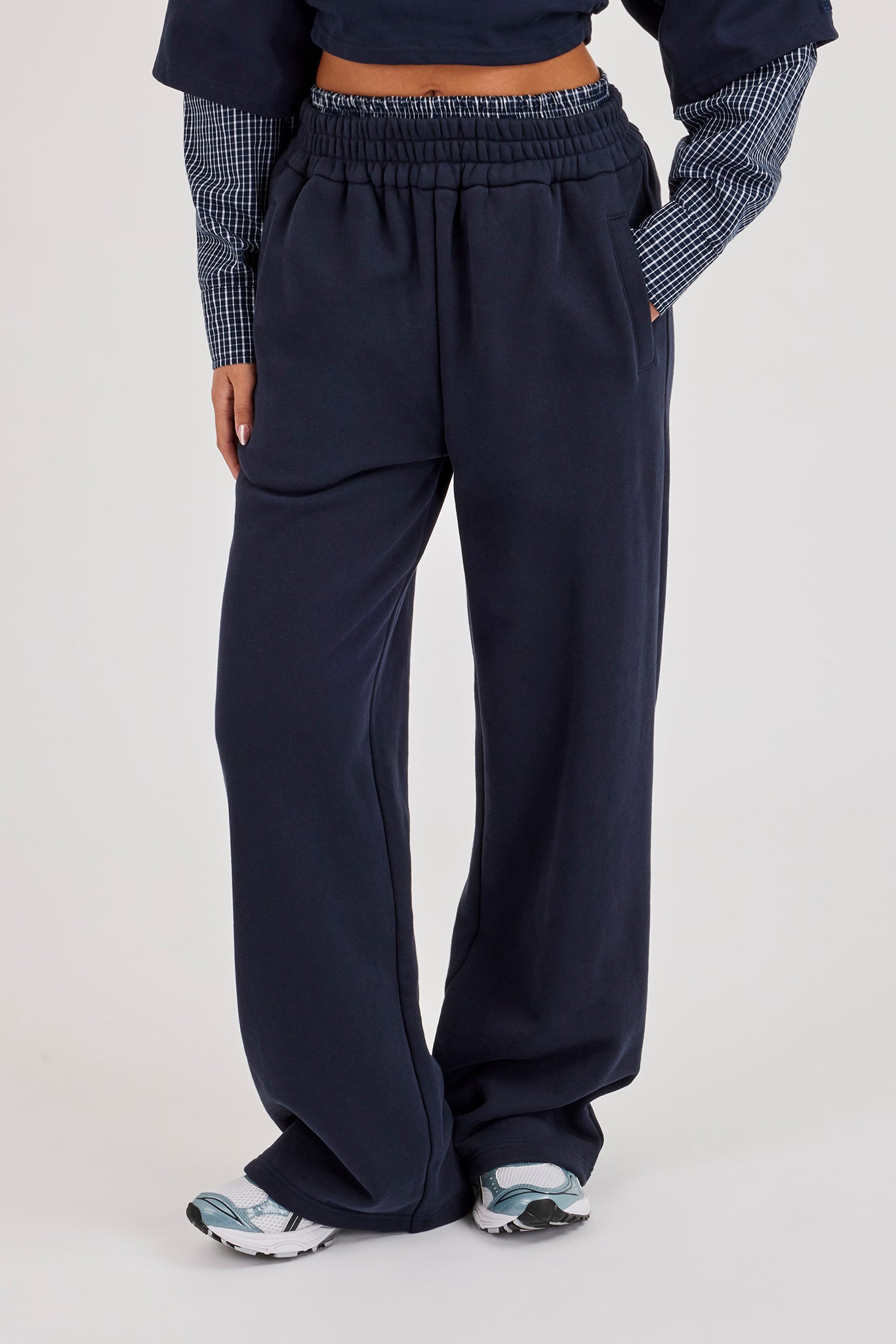Faux Check Waistband Wide Leg Jogger - Navy Blue
