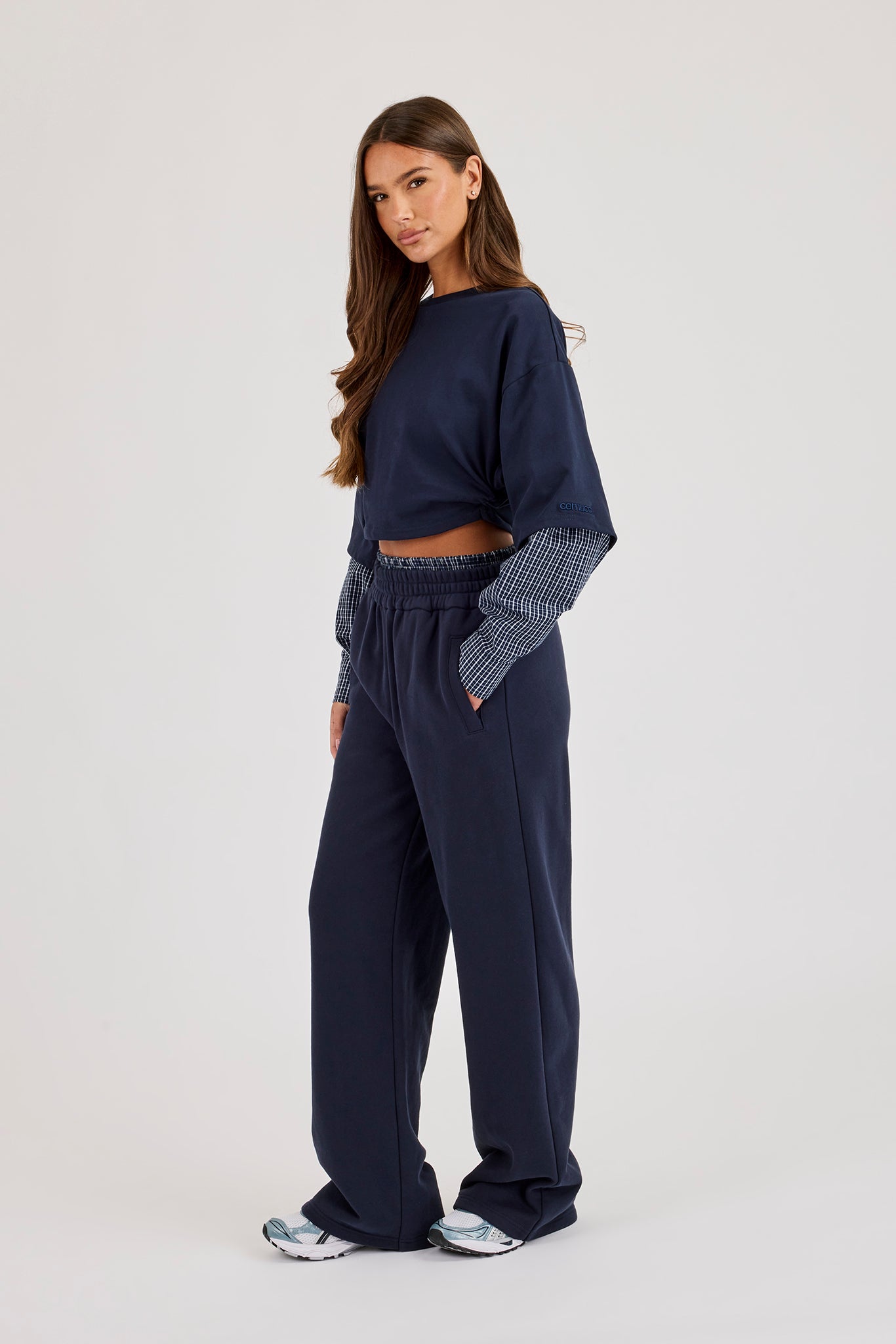 Cropped Oversized T-Shirt With Layered Shirt & Wide Leg Jogger - Navy Blue