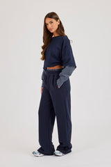 Cropped Oversized T-Shirt With Layered Shirt & Wide Leg Jogger - Navy Blue