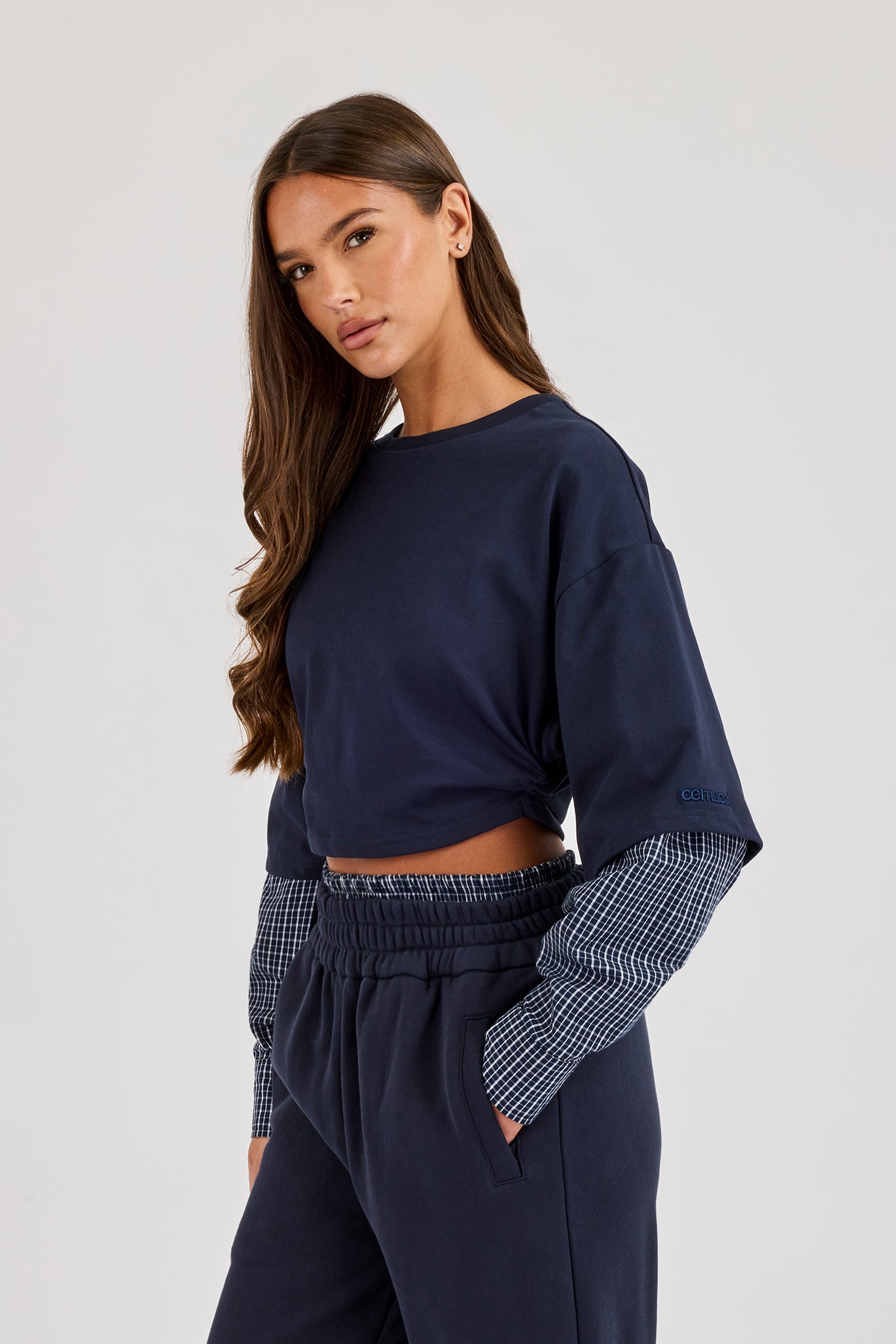 Cropped Oversized T-Shirt With Layered Shirt - Navy Blue