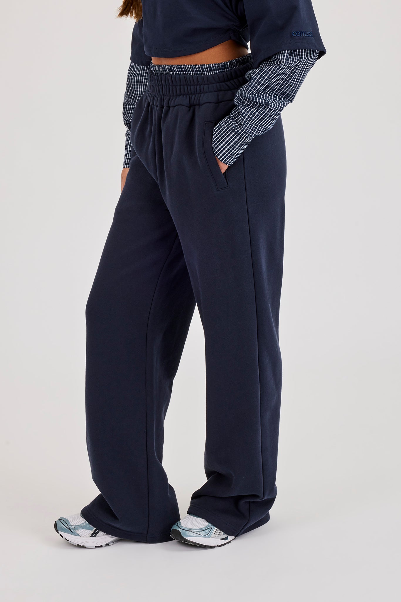 Faux Check Waistband Wide Leg Jogger - Navy Blue