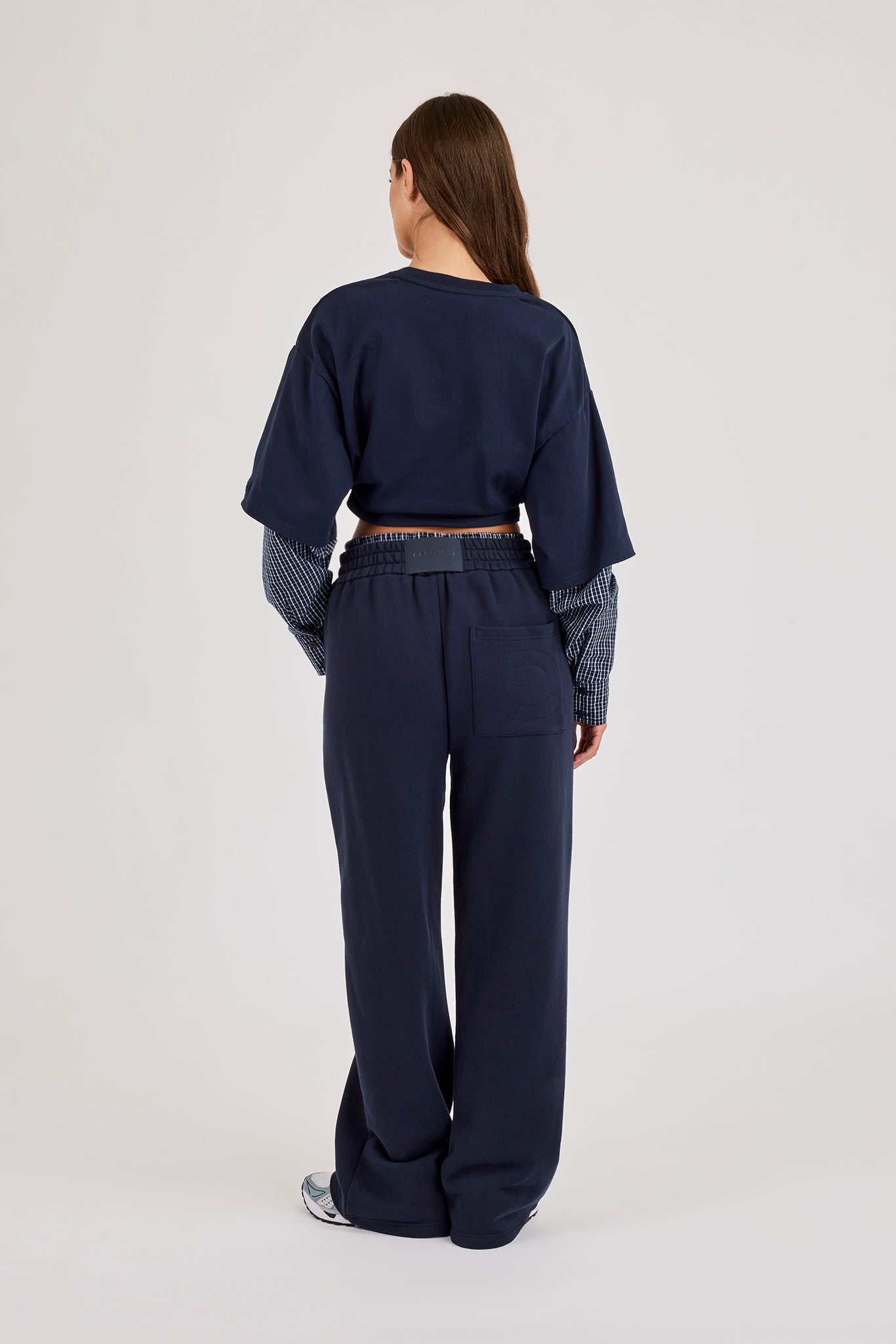 Cropped Oversized T-Shirt With Layered Shirt & Wide Leg Jogger - Navy Blue