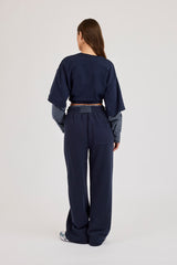 Cropped Oversized T-Shirt With Layered Shirt & Wide Leg Jogger - Navy Blue