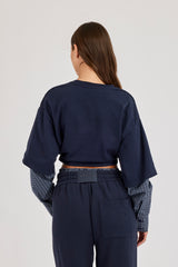 Cropped Oversized T-Shirt With Layered Shirt - Navy Blue