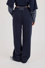 Faux Check Waistband Wide Leg Jogger - Navy Blue