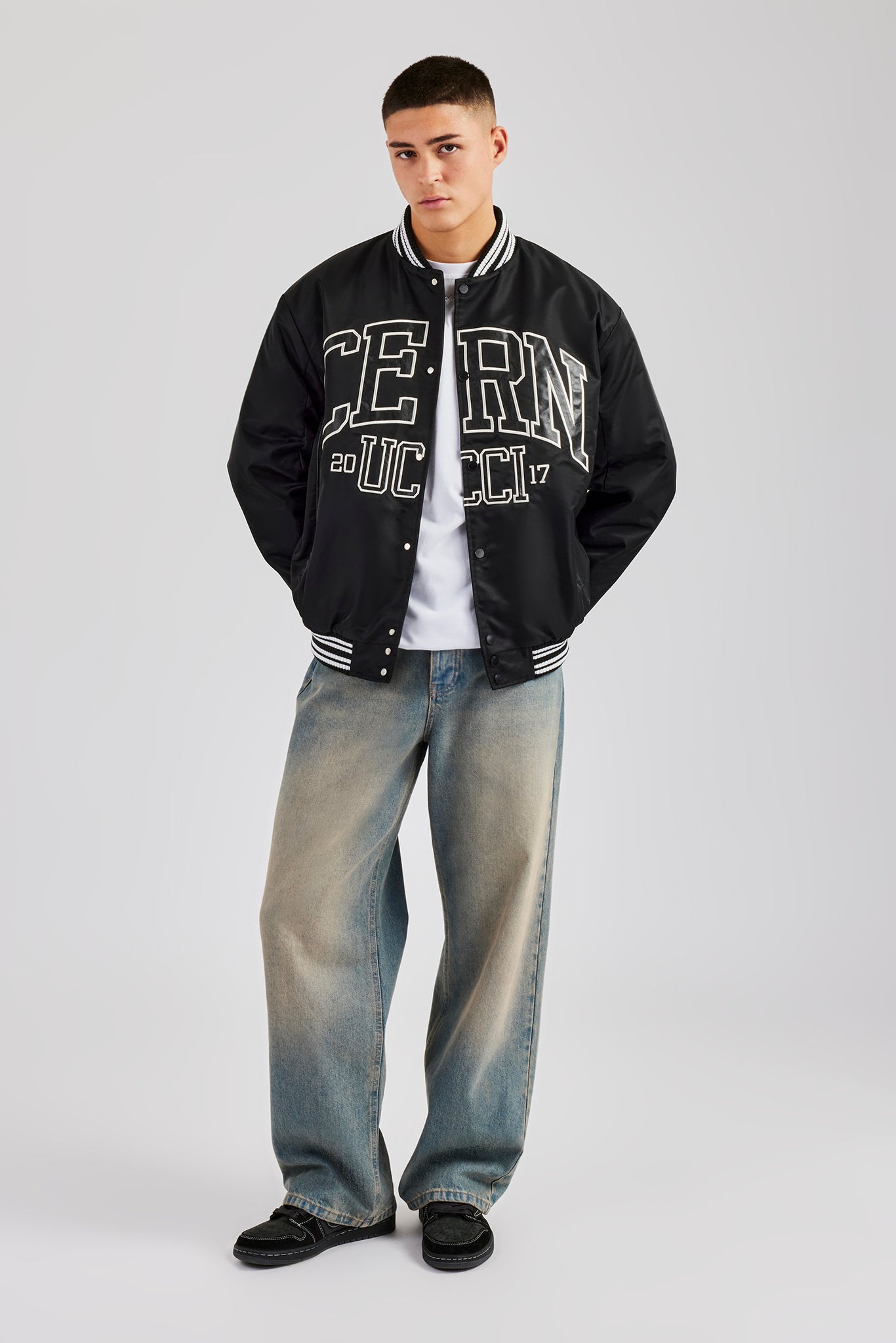 Oversized 17 Nylon Applique Bomber Jacket - Black | Mens Outerwear