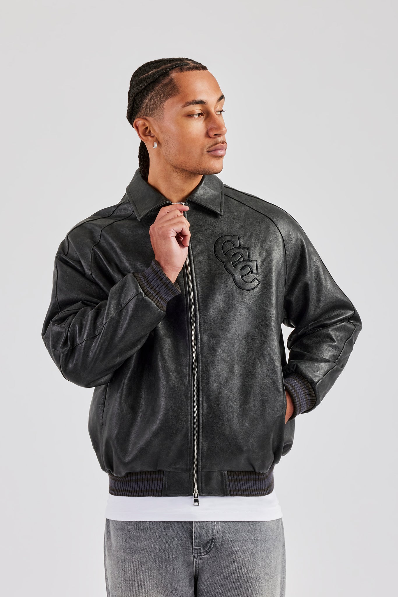 Vintage Washed PU Harrington Bomberjacke - Grau 