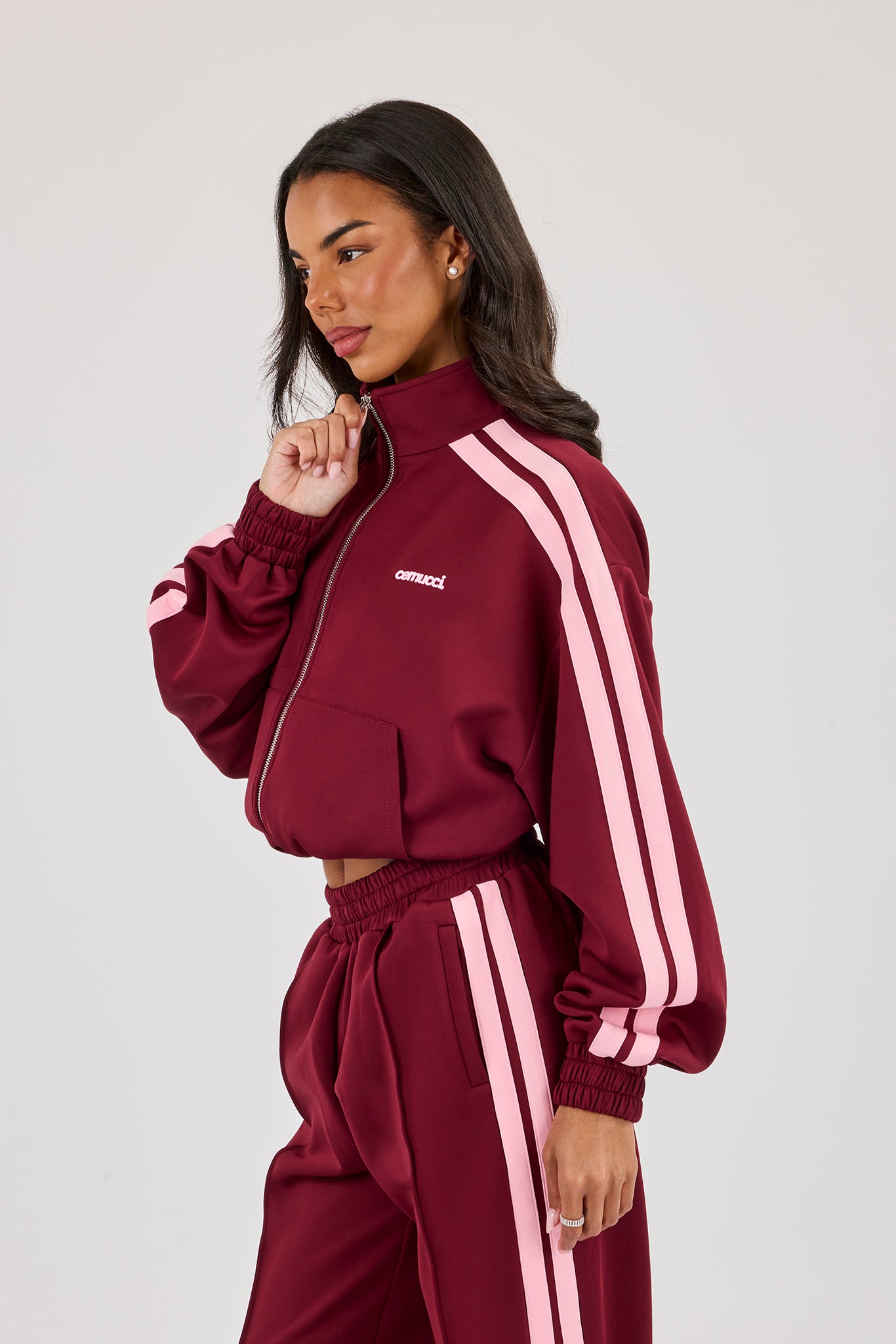 Pink Taping Cropped Funnel Neck Jacket - Burgundy