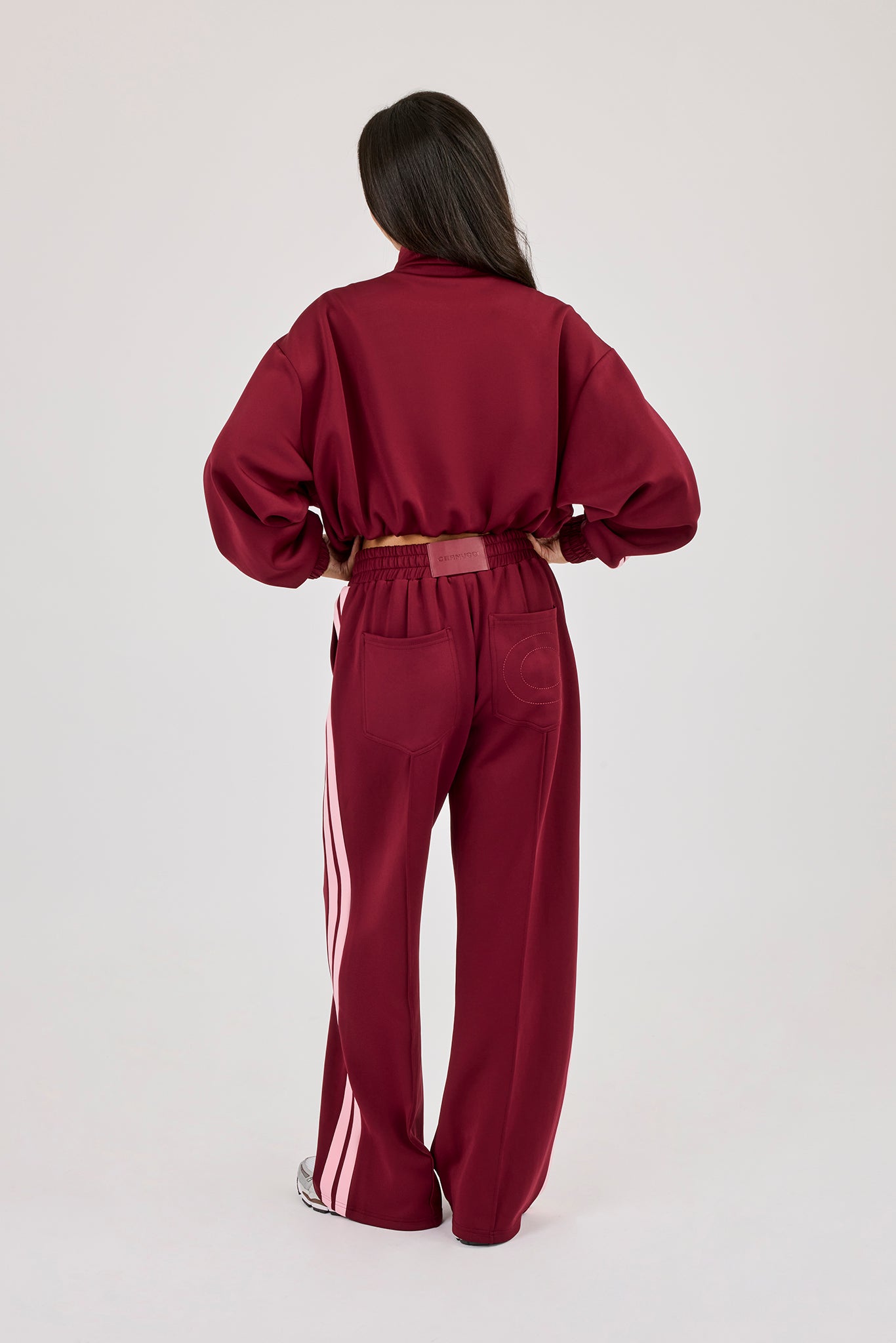 Pink Taping Cropped Funnel Neck Jacket & Wide Leg Track Pant - Burgundy
