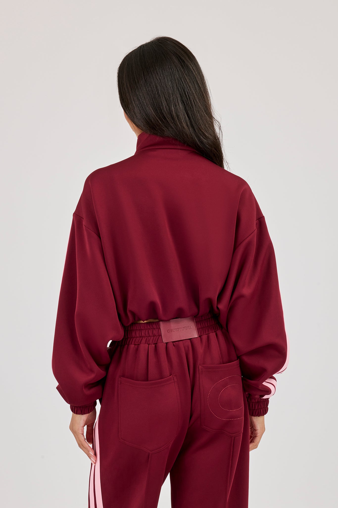 Pink Taping Cropped Funnel Neck Jacket - Burgundy