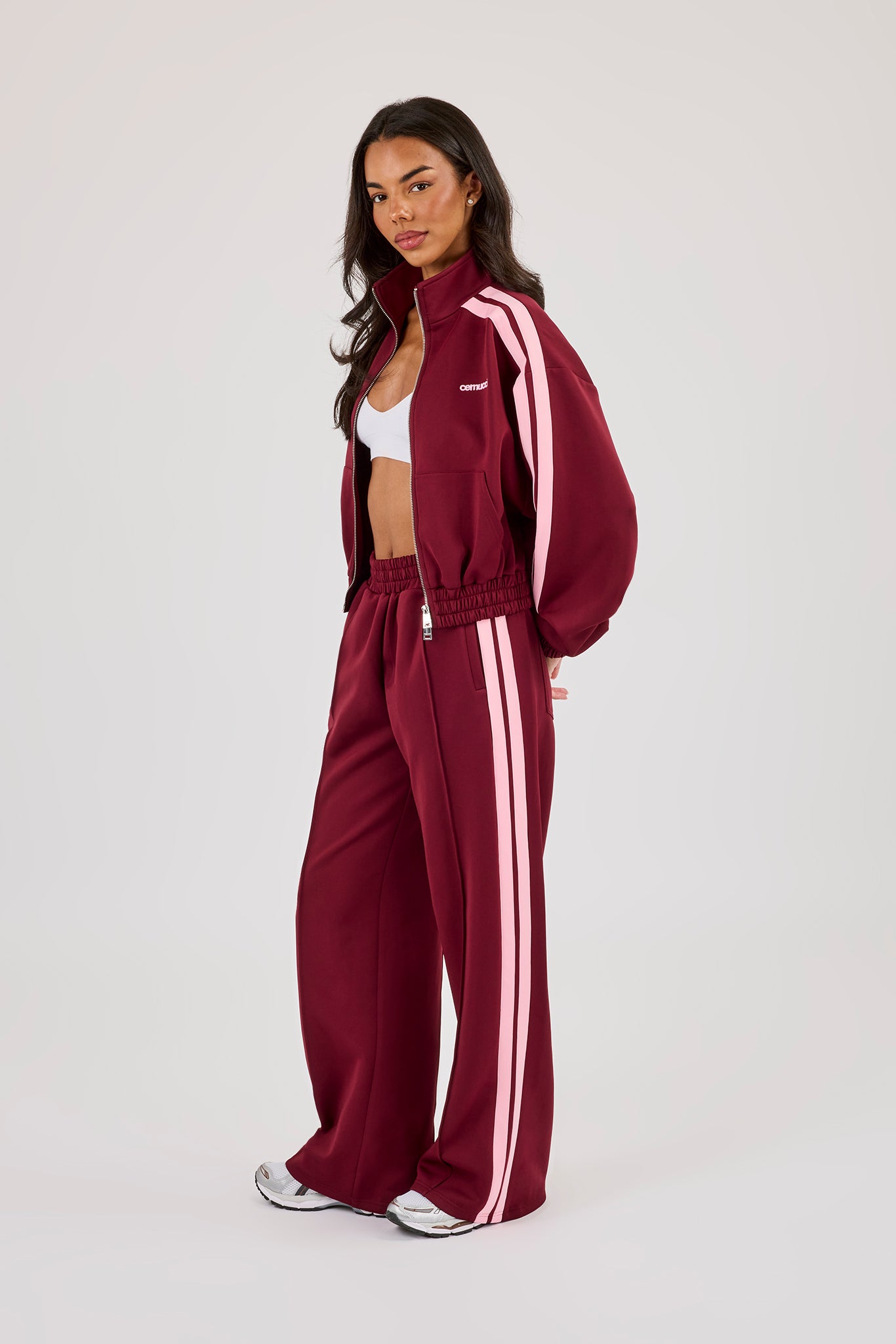 Pink Taping Cropped Funnel Neck Jacket & Wide Leg Track Pant - Burgundy
