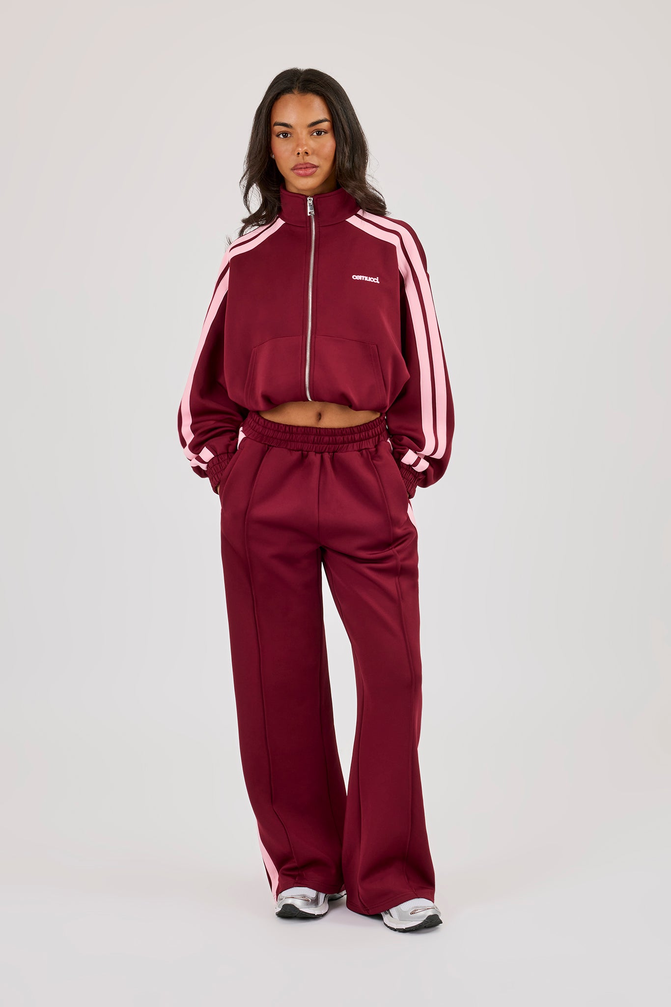 Pink Taping Cropped Funnel Neck Jacket & Wide Leg Track Pant - Burgundy