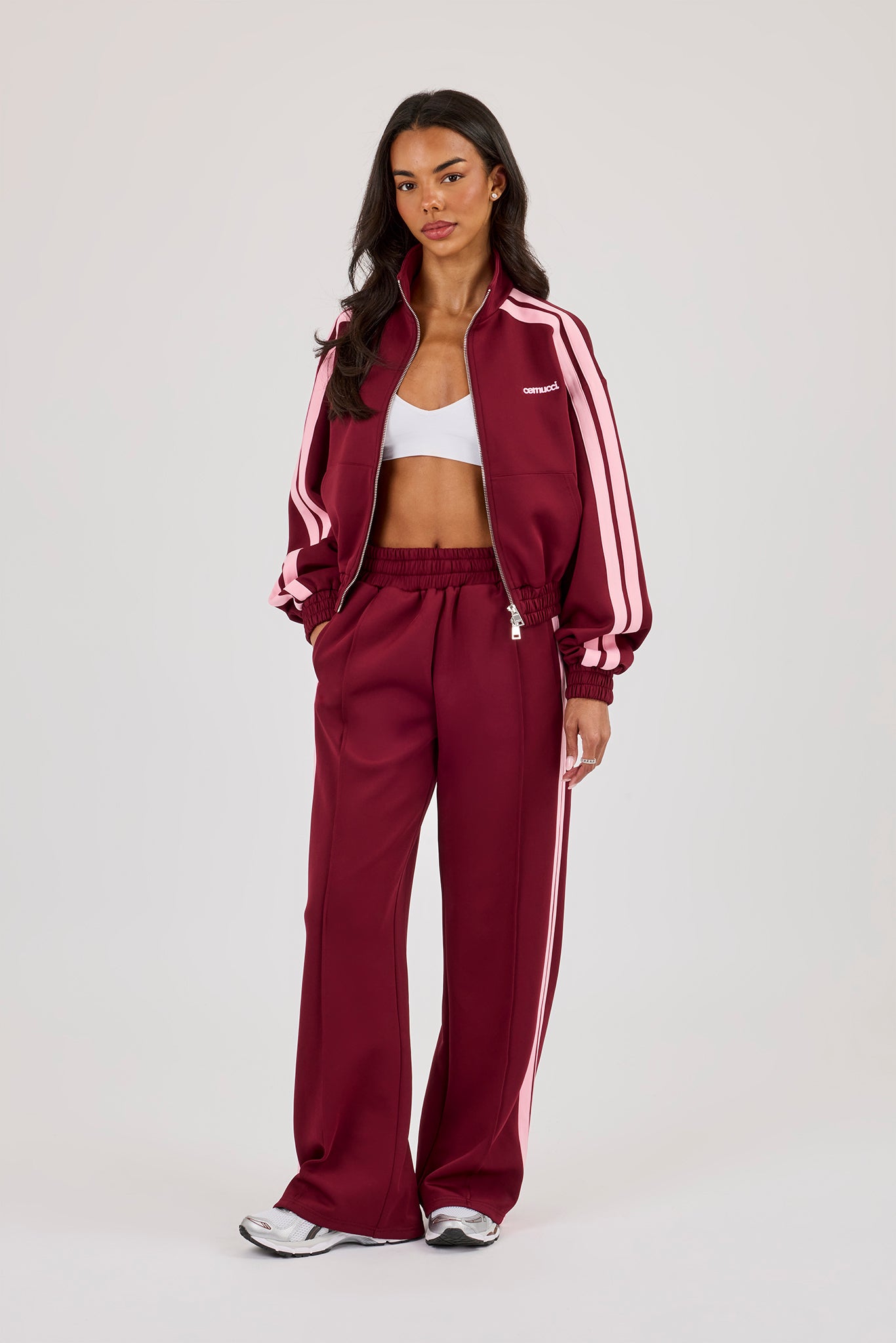 Pink Taping Cropped Funnel Neck Jacket & Wide Leg Track Pant - Burgundy