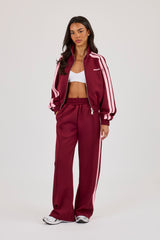 Pink Taping Cropped Funnel Neck Jacket & Wide Leg Track Pant - Burgundy