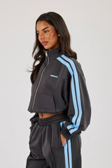 Blue Taping Cropped Funnel Neck Jacket - Charcoal