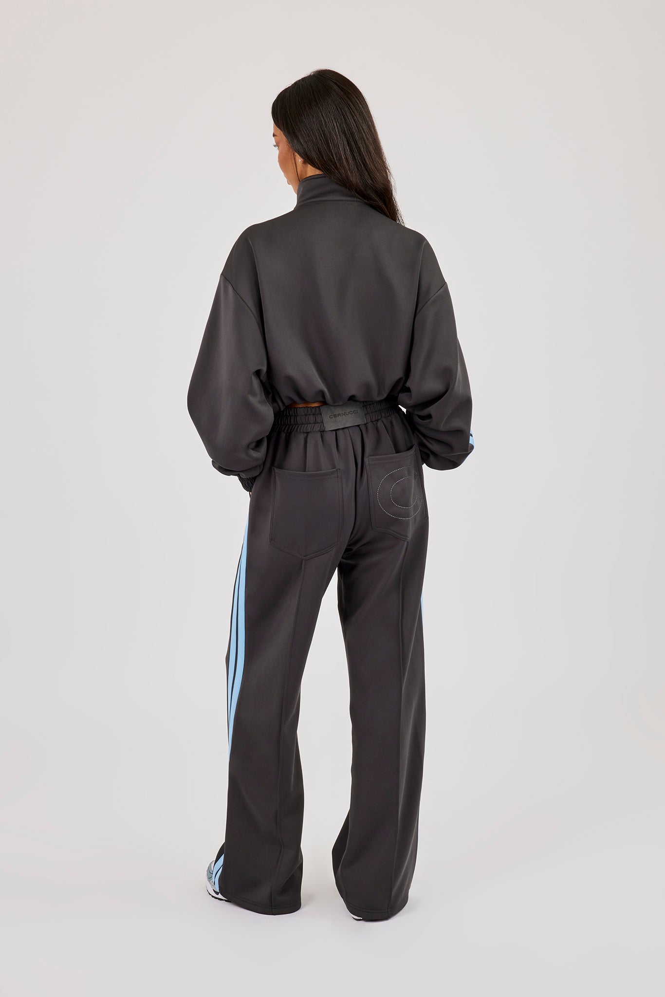Blue Taping Cropped Funnel Neck Jacket & Wide Leg Track Pant - Charcoal