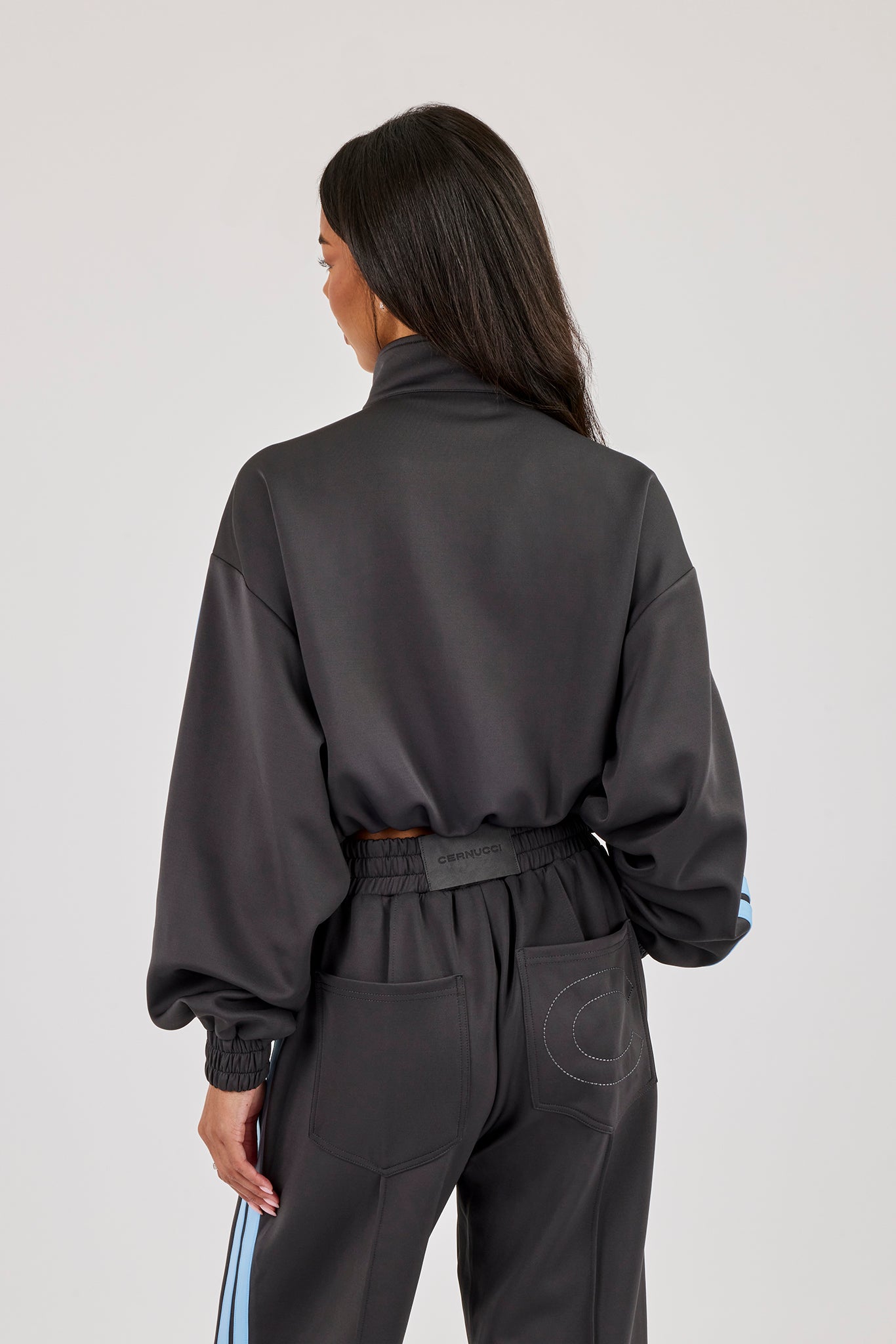 Blue Taping Cropped Funnel Neck Jacket - Charcoal