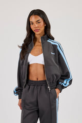 Blue Taping Cropped Funnel Neck Jacket - Charcoal