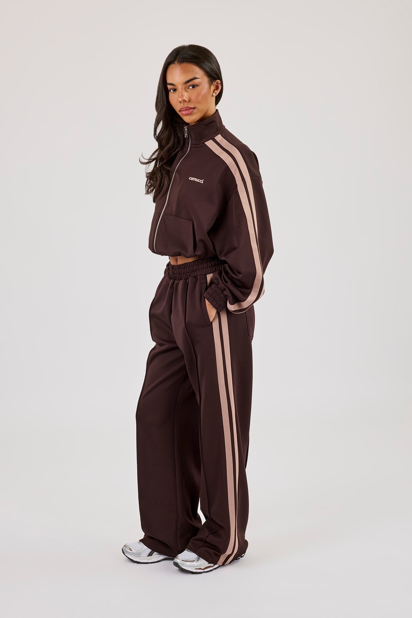 Mocha Taping Cropped Funnel Neck Jacket & Wide Leg Track Pant- Chocolate
