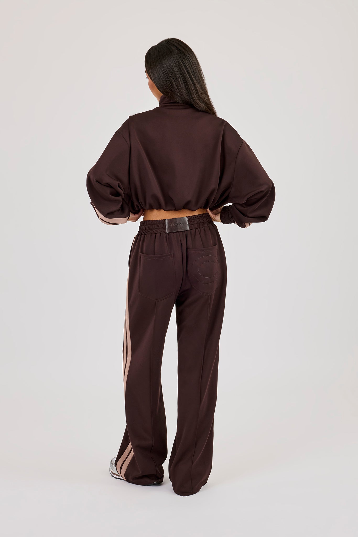 Mocha Taping Cropped Funnel Neck Jacket & Wide Leg Track Pant- Chocolate