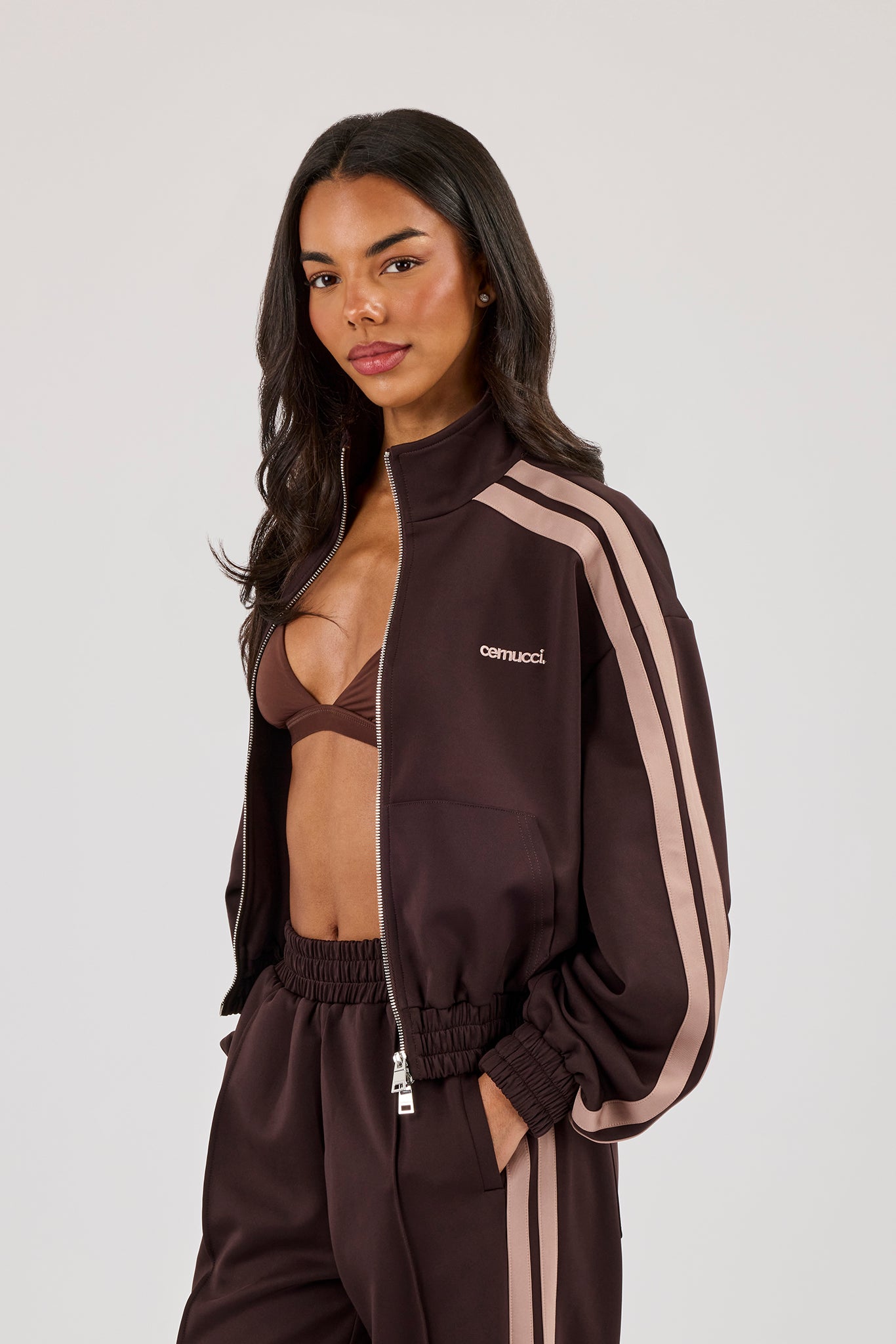 Mocha Taping Cropped Funnel Neck Jacket - Chocolate