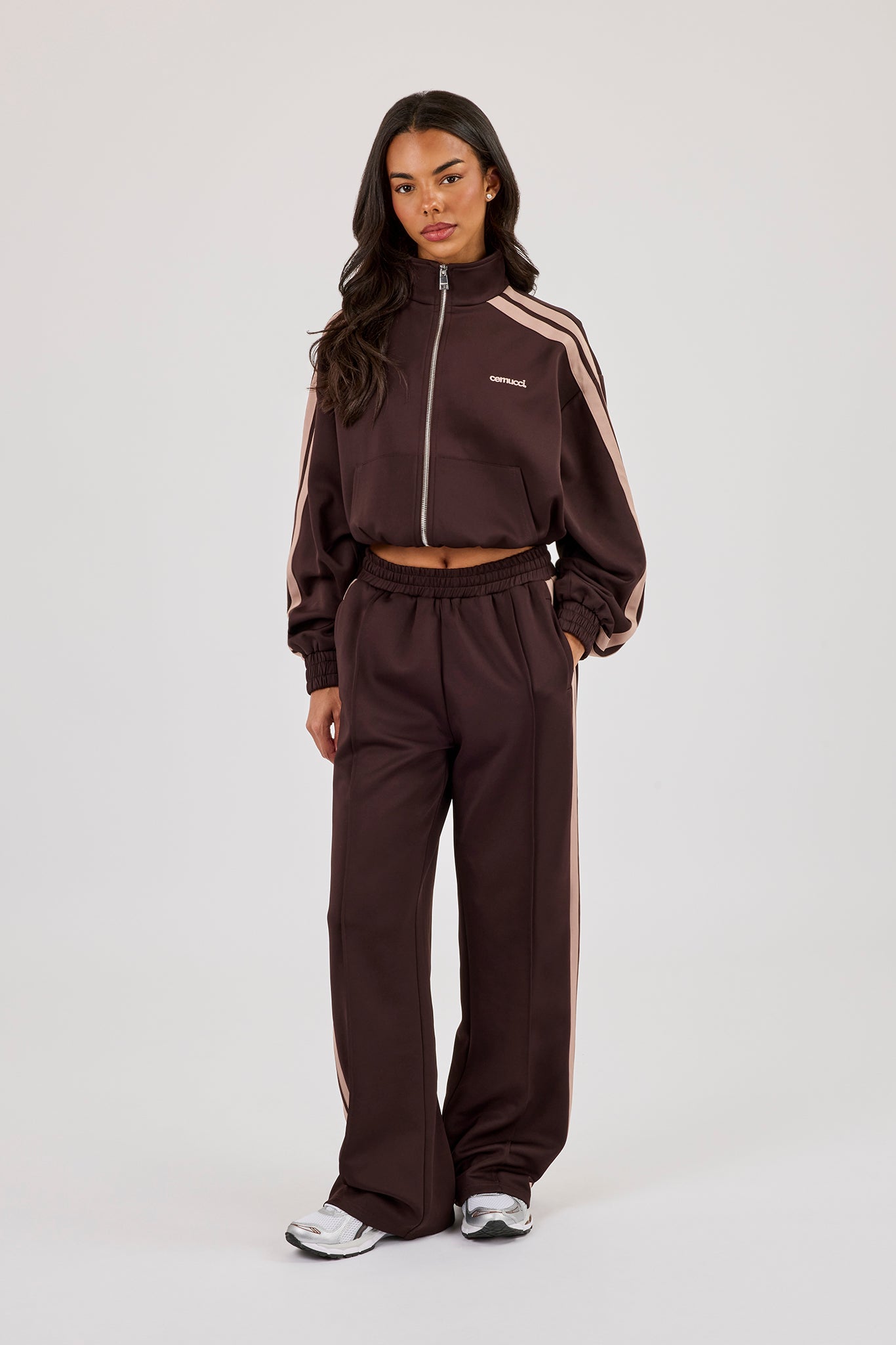 Mocha Taping Cropped Funnel Neck Jacket - Chocolate