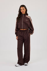 Mocha Taping Cropped Funnel Neck Jacket & Wide Leg Track Pant- Chocolate