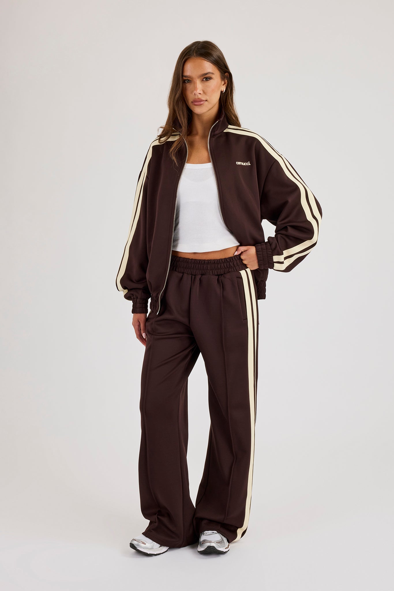 Logo Embroidered Funnel Neck Zip Through Track Jacket & Butter Yellow Taping Wide Leg Track Pants - Chocolate