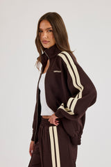 Logo Embroidered Funnel Neck Zip Through Track Jacket  Chocolate