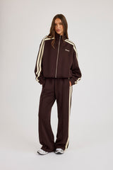 Logo Embroidered Funnel Neck Zip Through Track Jacket & Butter Yellow Taping Wide Leg Track Pants - Chocolate