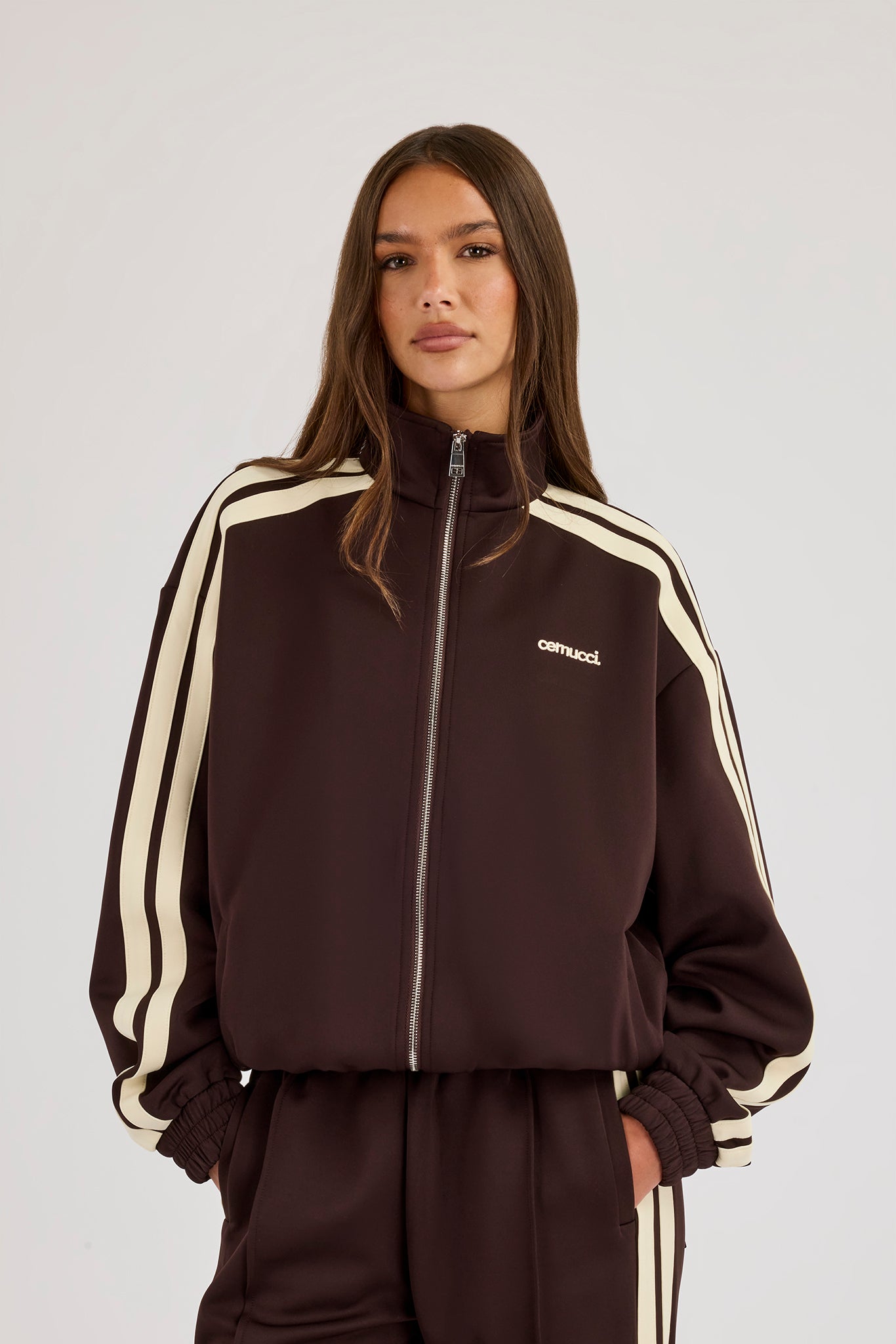 Logo Embroidered Funnel Neck Zip Through Track Jacket – Chocolate