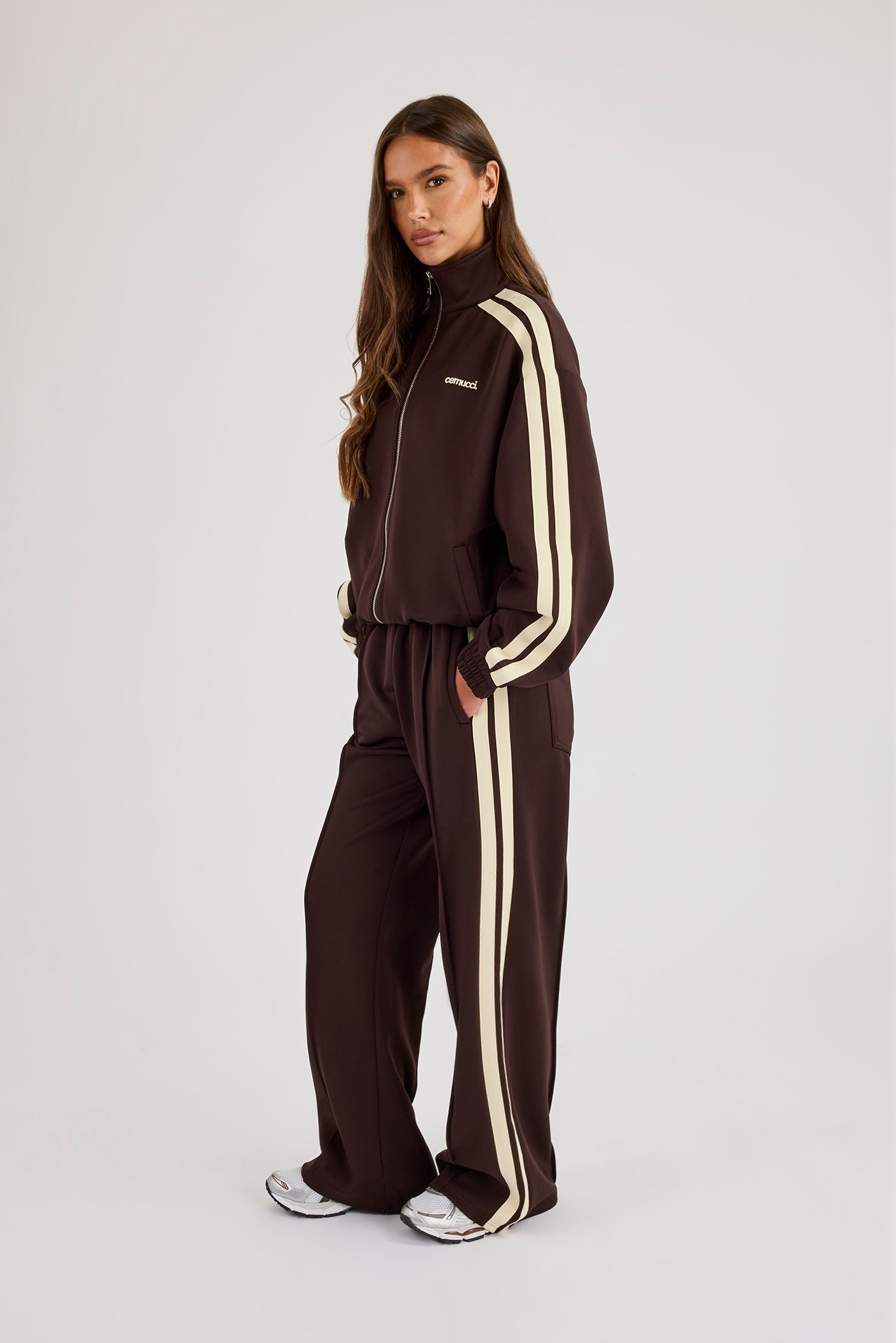 Logo Embroidered Funnel Neck Zip Through Track Jacket & Butter Yellow Taping Wide Leg Track Pants - Chocolate