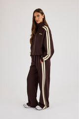 Logo Embroidered Funnel Neck Zip Through Track Jacket & Butter Yellow Taping Wide Leg Track Pants - Chocolate
