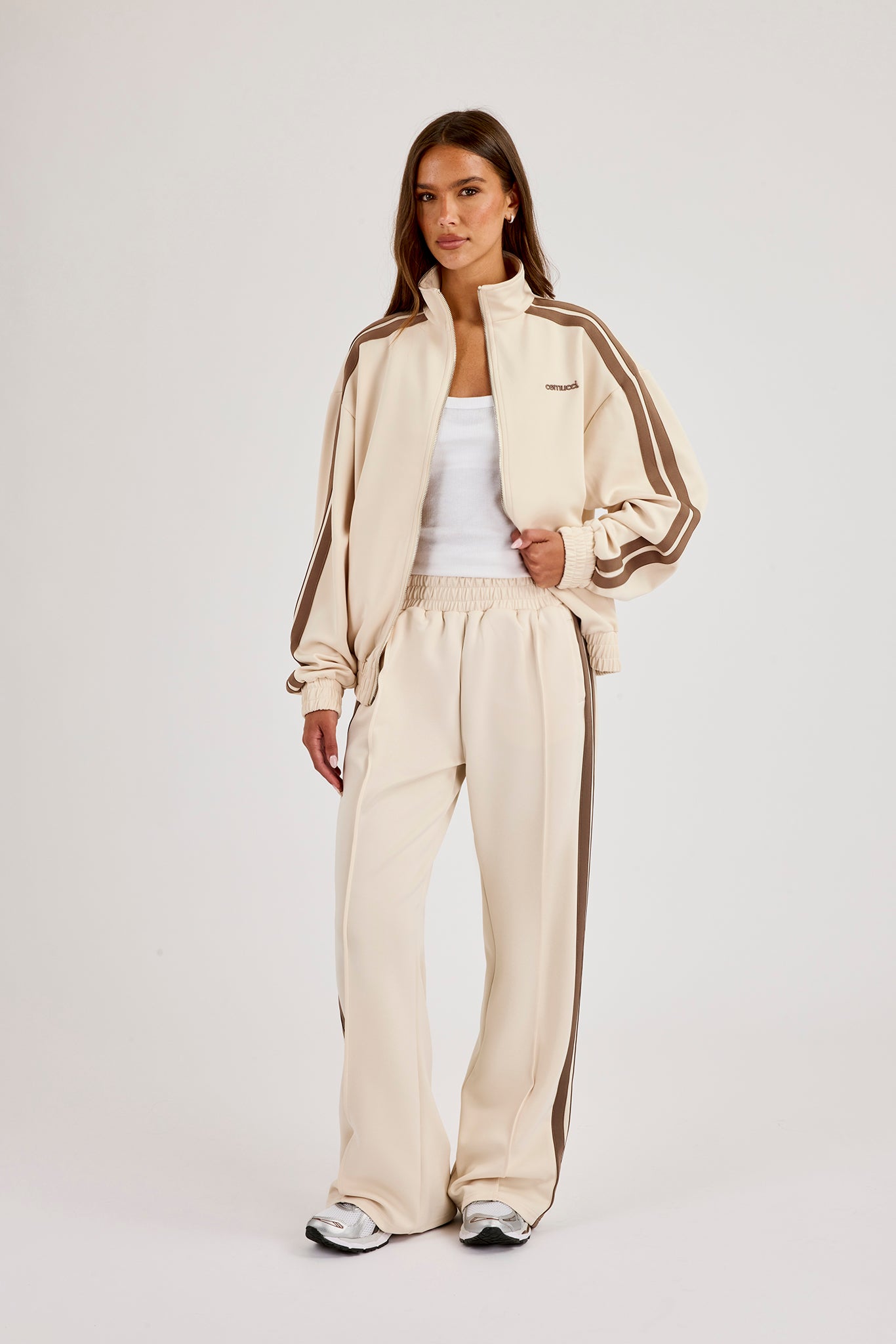 Logo Embroidered Funnel Neck Zip Through Track Jacket & Taupe Taping Wide Leg Track Pants - Off White