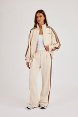 Logo Embroidered Funnel Neck Zip Through Track Jacket & Taupe Taping Wide Leg Track Pants - Off White