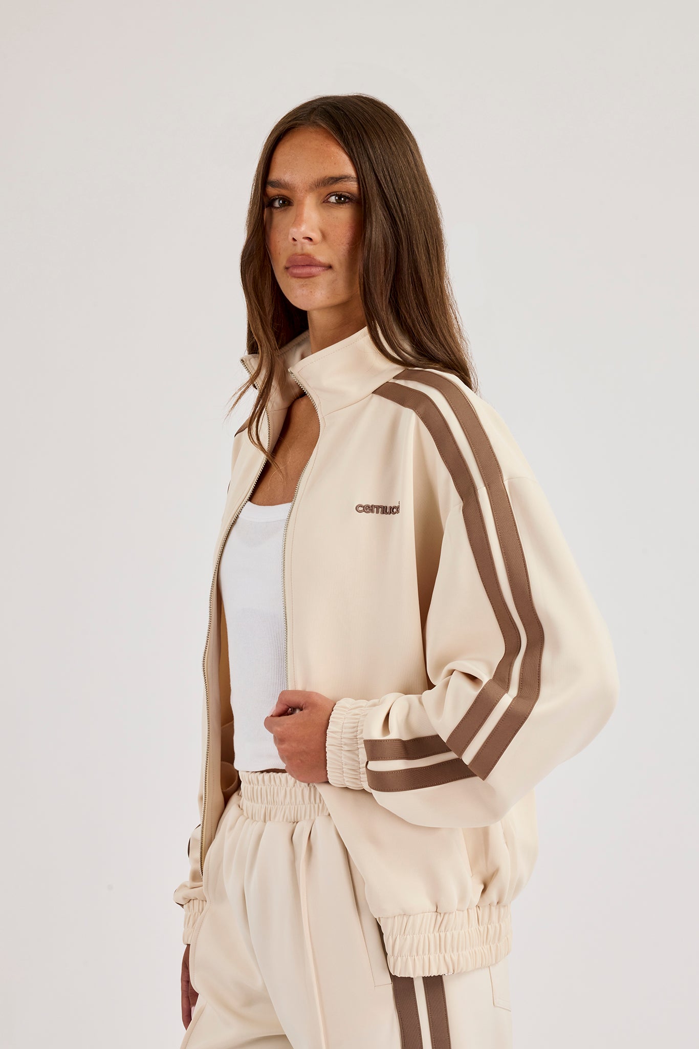 Logo Embroidered Funnel Neck Zip Through Track Jacket - Off White