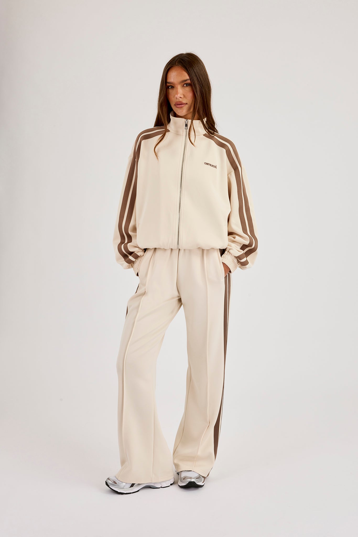 Logo Embroidered Funnel Neck Zip Through Track Jacket & Taupe Taping Wide Leg Track Pants - Off White