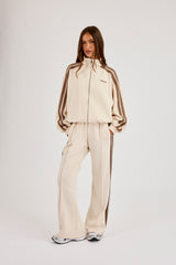 Logo Embroidered Funnel Neck Zip Through Track Jacket & Taupe Taping Wide Leg Track Pants - Off White