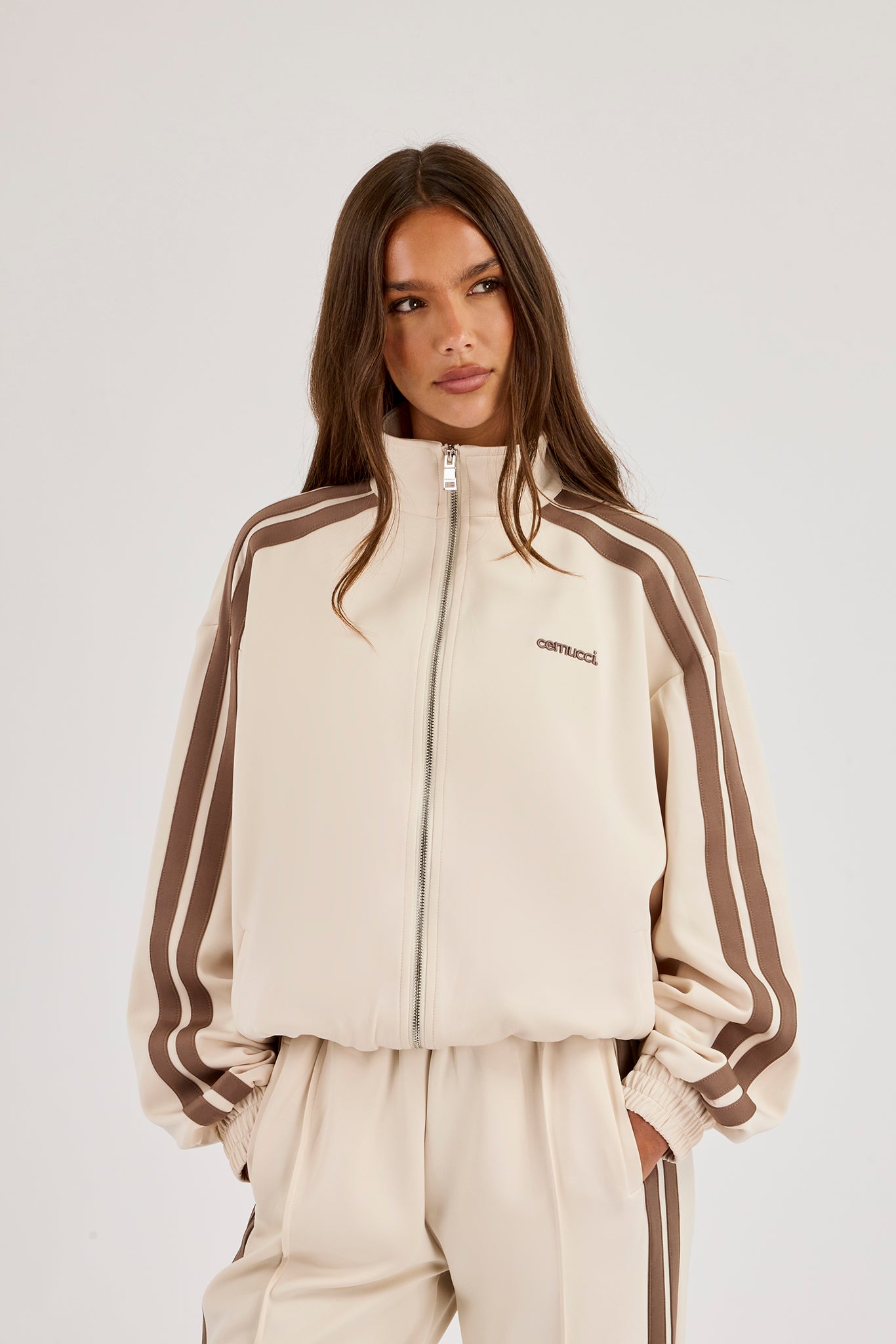 Logo Embroidered Funnel Neck Zip Through Track Jacket - Off White