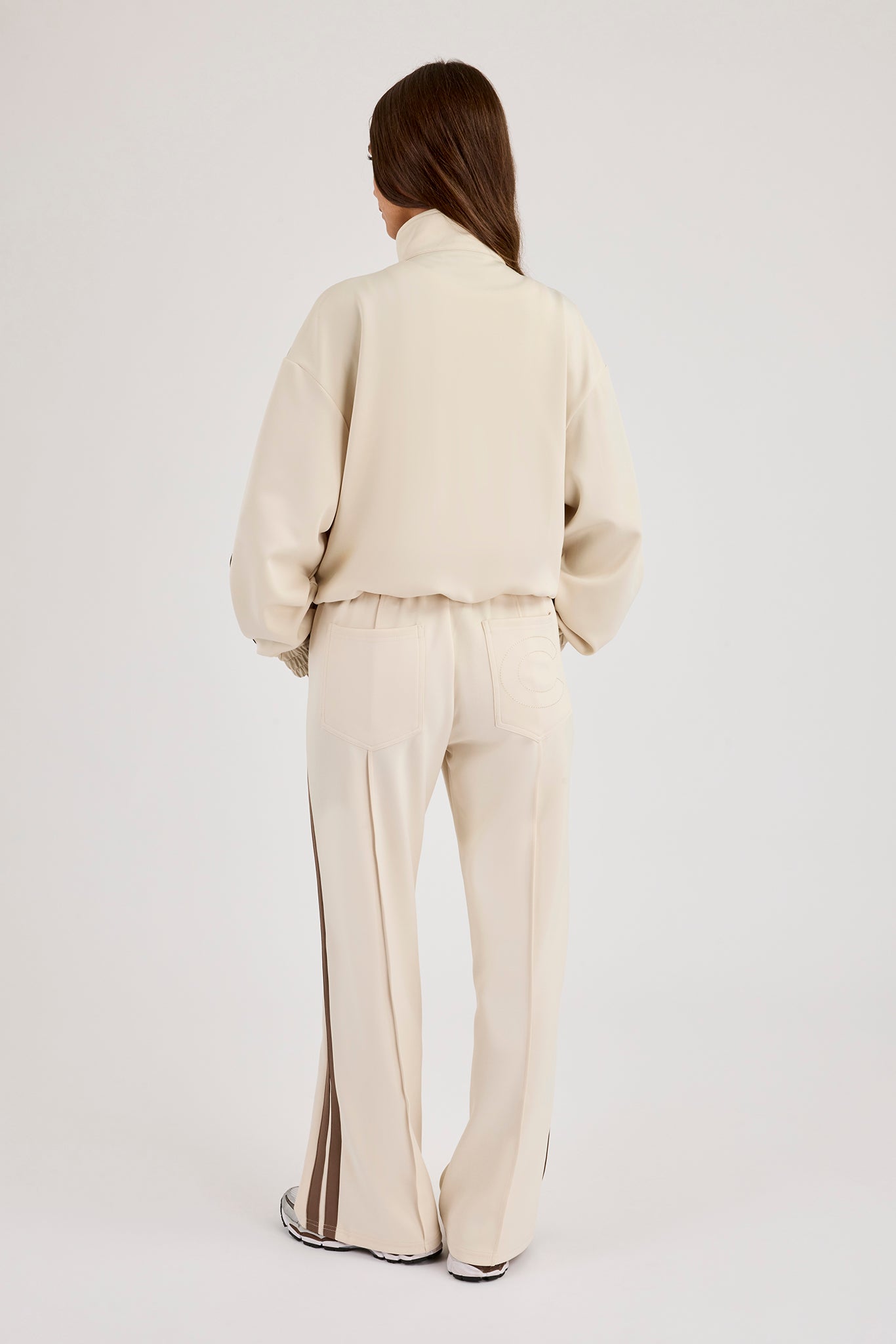 Logo Embroidered Funnel Neck Zip Through Track Jacket & Taupe Taping Wide Leg Track Pants - Off White