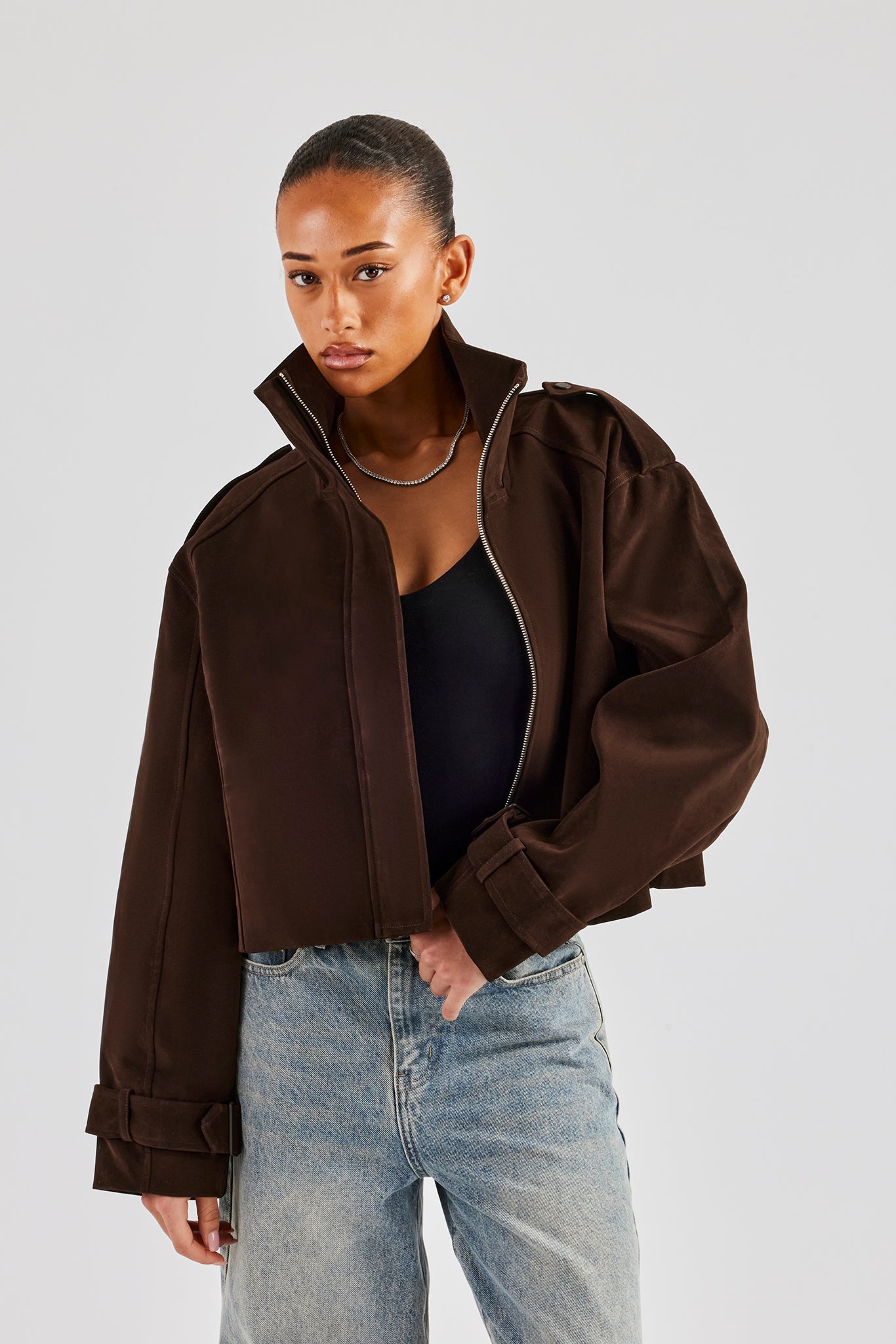 Ladies Faux Suede Cropped Trench Coat - Chocolate | Womens