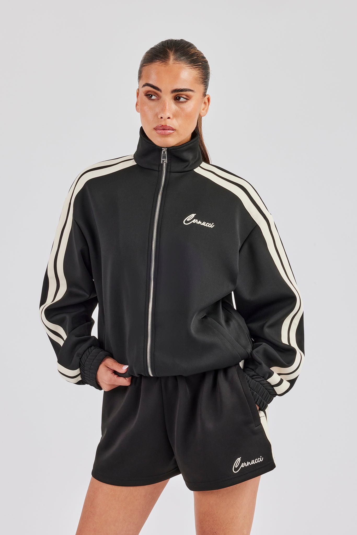 Funnel Neck Taping Zip Through Track Jacket & Short- Black