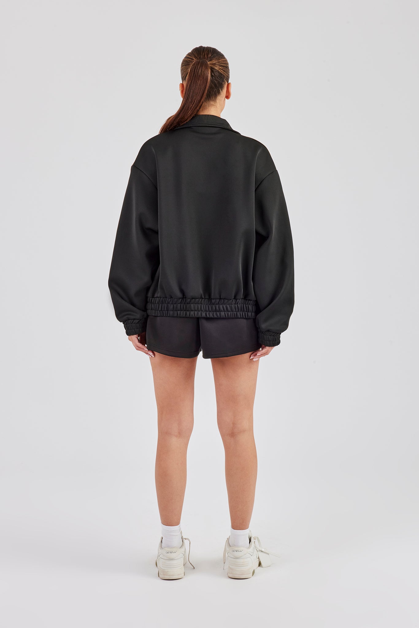 Funnel Neck Taping Zip Through Track Jacket & Short- Black