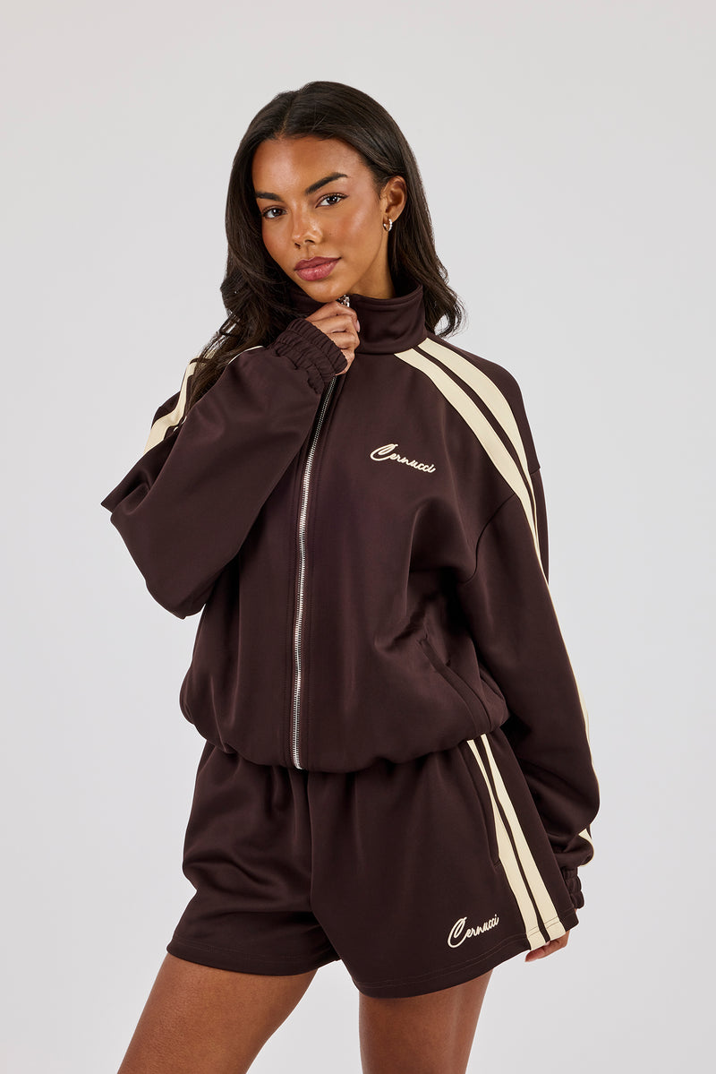 Funnel Neck Taping Zip Through Track Jacket - Chocolate | Womens ...