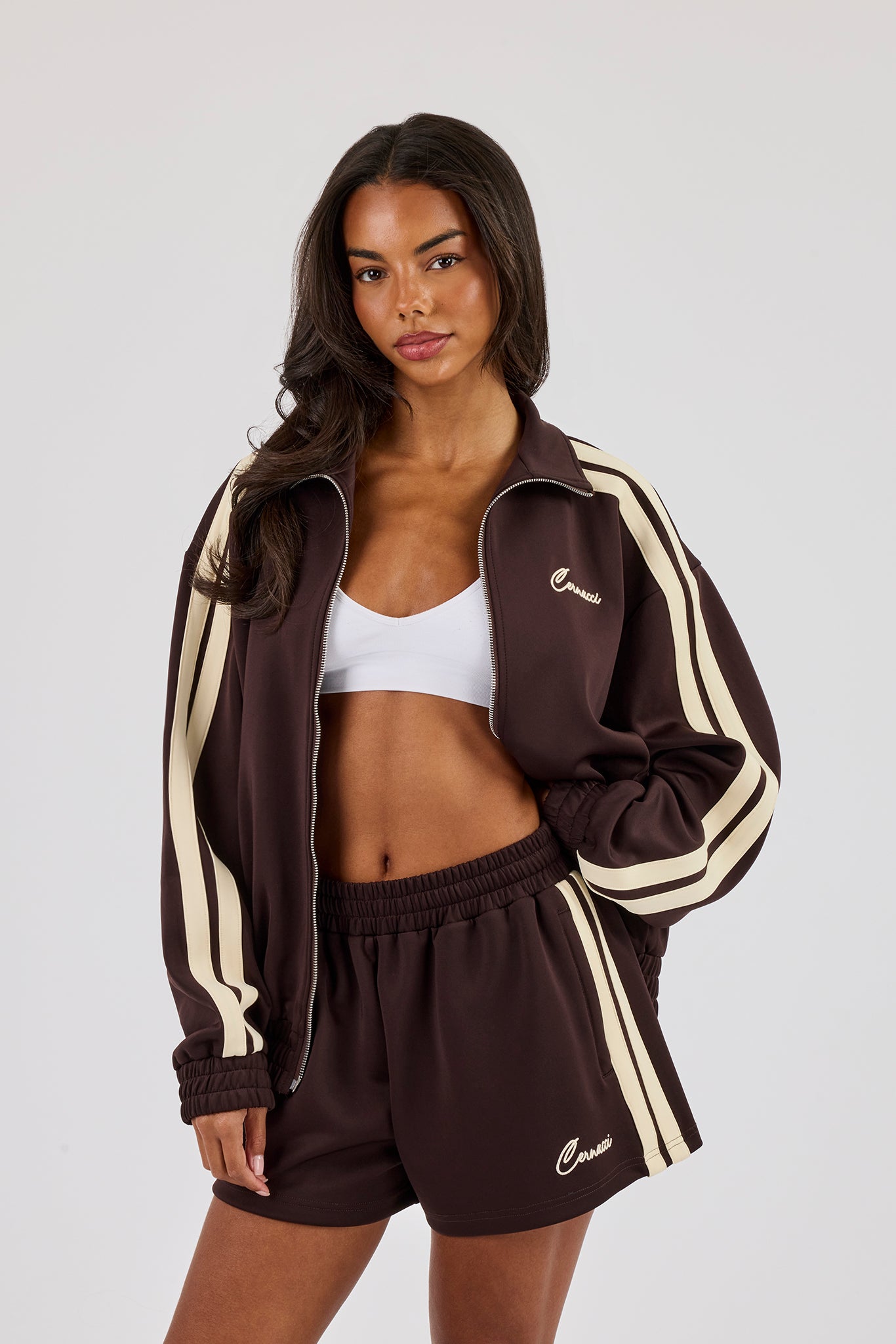 Funnel Neck Taping Zip Through Track Jacket - Chocolate | Womens