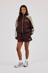 Trichterhals Jacke mit Reißverschluss und Band in Buttergelb & Shorts - Chocolate